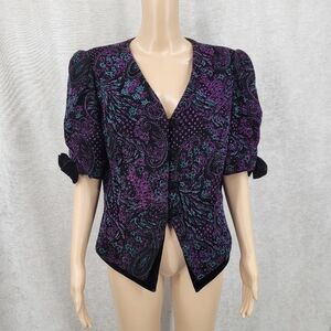 Pantagis Vintage Black Velvet Purple Glitter Paisley Blazer Jacket Top Bows